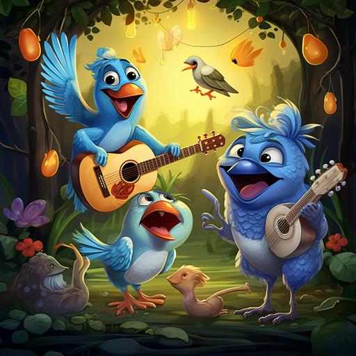and illustration cartoon blue jay bird singing a frog and a bunny dancing around playing music under the sun in the dark