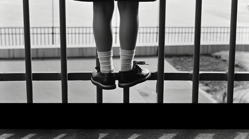 , , and old grainy b&w photograph of a kids feet standing on the railing. 1960s kids dress shoe, patterned socks, black and white reversal filmstock, leica lens 84mm, --ar 16:9 --v 5