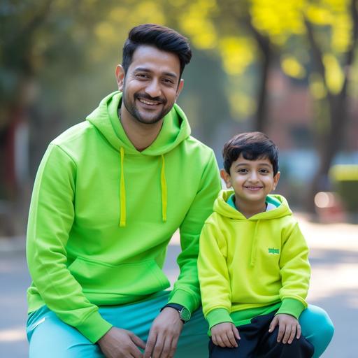 and son celebrate Make sure the image conveys a sense of happiness and warmth. it clear that they are celebrating Father's Day. Choose colors that complement each other, such as a neon green hoodie for the father and a yellow hoodie for the son. lifestyle background son apne father ko gift dy raha ho full-size image hone chaye