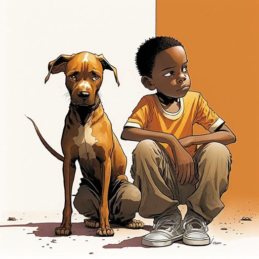 Nic Smith, young sudanese boy playing with his dog, short brown hair, cartoon character by steve dillon