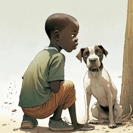 Nic Smith, young sudanese boy playing with his dog, short brown hair, cartoon character by steve dillon