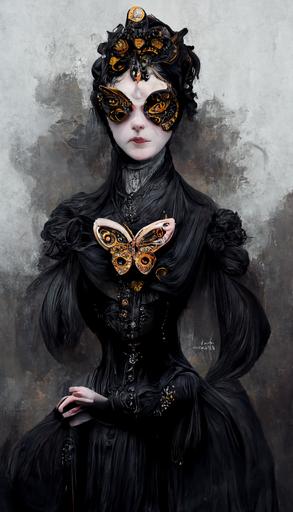 queen of butterfly, goth female character, black butterfly mask, literature, victorian style, trending on artstation. --h 450 --aspect 9:16