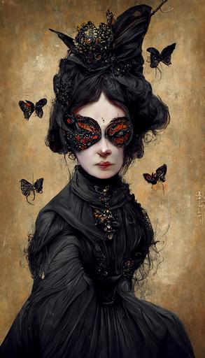 queen of butterfly, goth female character, black butterfly mask, literature, victorian style, trending on artstation. --h 450 --aspect 9:16