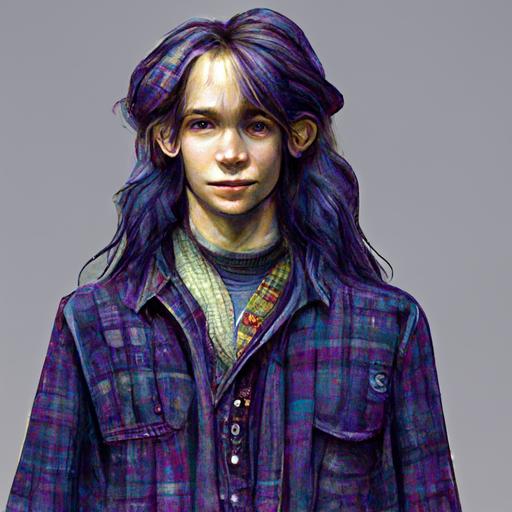 androdygnous gelfling with chin length hair, wearing dark blue jeans and a purple and black checked flannel shirt, surrounded by  sensory items. Realistic.