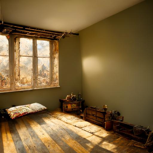 A small room in the ceiling, photo realistic, house, exposed beam, skylight window, clutter, lots of objects, little table under the window with a lot of objects in it, beautiful light, dust, bed, canvas and pictures on the wall, vintage wallpaper, photography, 8k, rembrandt, edouard manet, soft colors, hd, highly detailed, chair, low roof, coat hanger, cozy