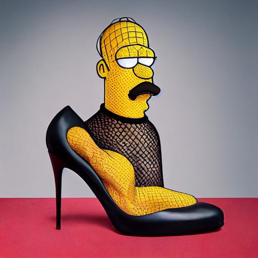 Picture of mr Homer simpson, wearing fishnet tights and a pair of louboutin, in the style of matt gröning photography, 16k --test --creative --upbeta