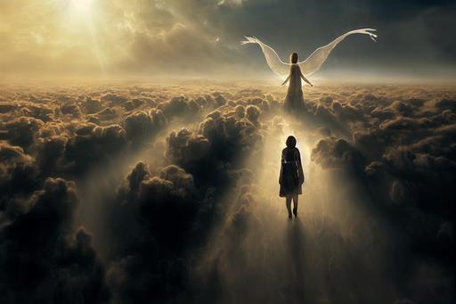 angel going to heaven, cinematic, ultra realistic, far angel, heaven gate, --ar 16:9 --test --creative