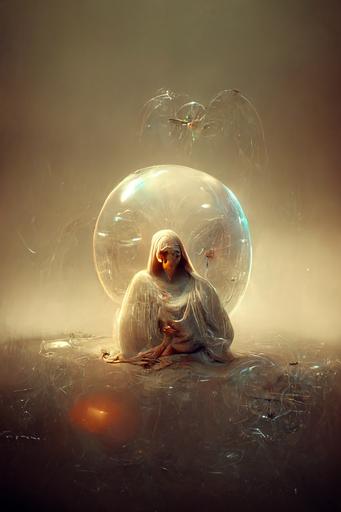 angel inside bubble worried about work and looking like a nerd on a computer, angelarium, octane render, photorealistic, --ar 5:8