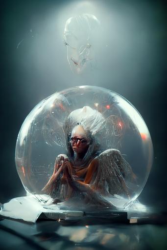 angel inside bubble worried about work and looking like a nerd on a computer, angelarium, octane render, photorealistic, --ar 5:8