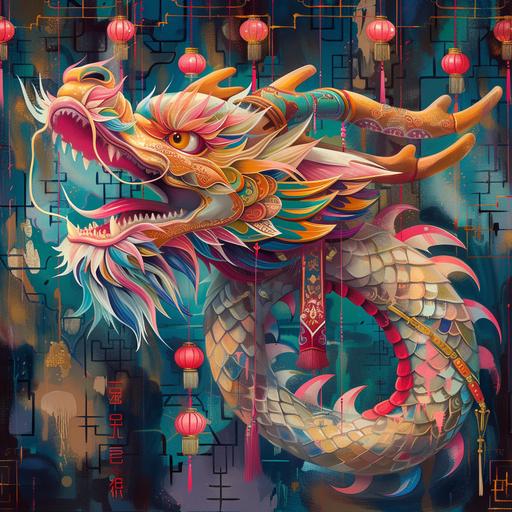 angel loong dragon carousel illustration by kyoei kung tai, in the style of fauvist vibrant and bold colors, chinese iconography, dark emerald and pink, mix of masculine and feminine elements, hand-painted details, bold patterns, western zhou dynasty --v 6.0 --s 250 --ar 1:1