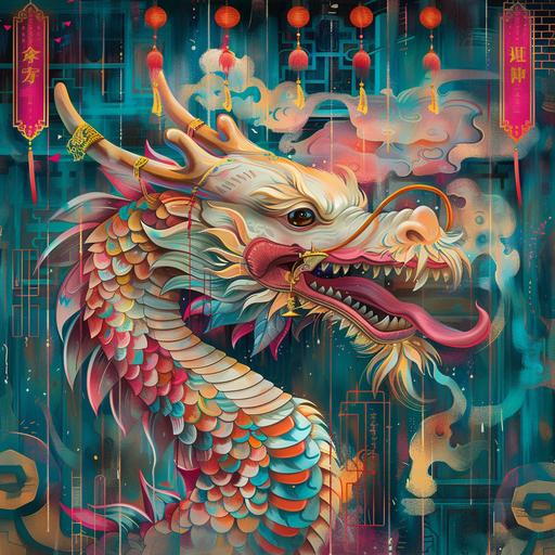 angel loong dragon carousel illustration by kyoei kung tai, in the style of fauvist vibrant and bold colors, chinese iconography, dark emerald and pink, mix of masculine and feminine elements, hand-painted details, bold patterns, western zhou dynasty --v 6.0 --s 250 --ar 1:1