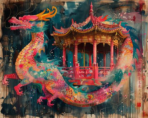 angel loong dragon carousel illustration by kyoei kung tai, in the style of fauvist vibrant and bold colors, chinese iconography, dark emerald and pink, mix of masculine and feminine elements, hand-painted details, bold patterns, western zhou dynasty --ar 5:4 --v 6.0 --s 750