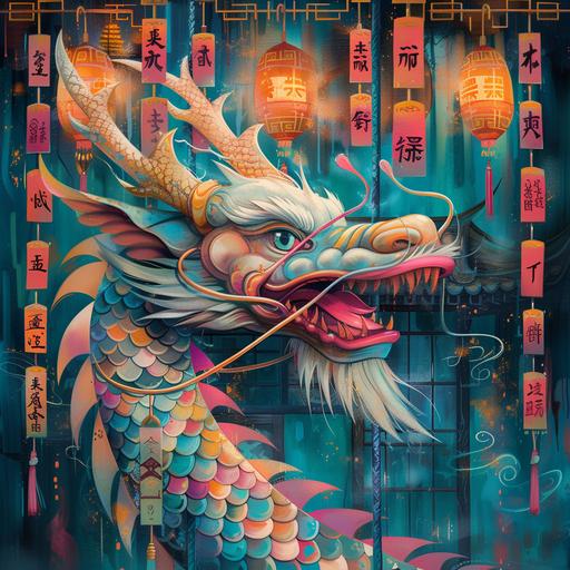 angel loong dragon carousel illustration by kyoei kung tai, in the style of fauvist vibrant and bold colors, chinese iconography, dark emerald and pink, mix of masculine and feminine elements, hand-painted details, bold patterns, western zhou dynasty --v 6.0 --s 250 --ar 1:1