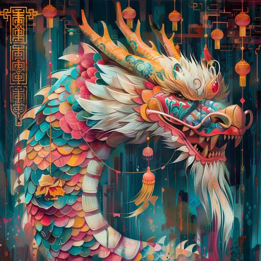 angel loong dragon carousel illustration by kyoei kung tai, in the style of fauvist vibrant and bold colors, chinese iconography, dark emerald and pink, mix of masculine and feminine elements, hand-painted details, bold patterns, western zhou dynasty --v 6.0 --s 250 --ar 1:1