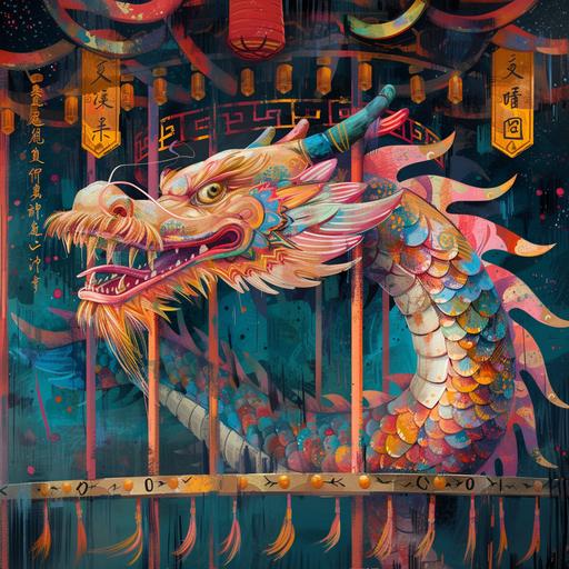 angel loong dragon carousel illustration by kyoei kung tai, in the style of fauvist vibrant and bold colors, chinese iconography, dark emerald and pink, mix of masculine and feminine elements, hand-painted details, bold patterns, western zhou dynasty --v 6.0 --s 250 --ar 1:1