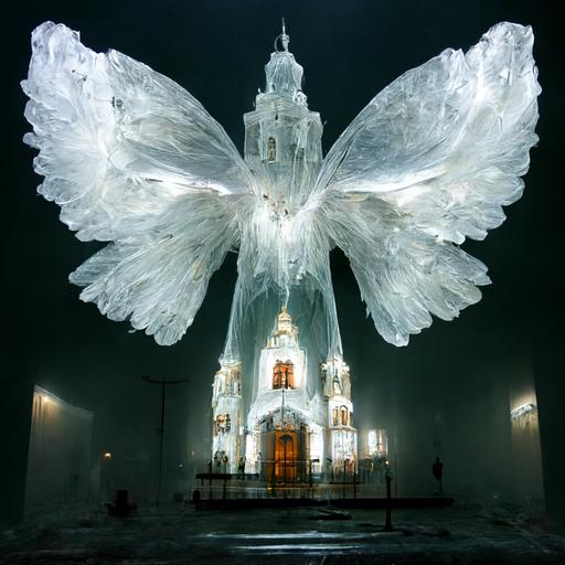 angel with huge wings fiying ,glass reflecting, white church,overhead light,dream