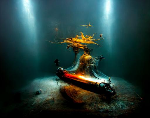 angelarium submarine, underwater, coral reef, light painting --ar 4:3