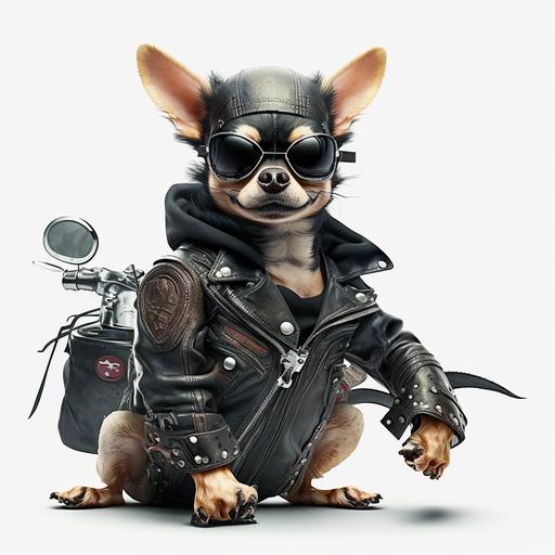 angry Chihuahua, full body, wearing a black leather motorcycle jacket and sunglasses, riding a motorcycle, texture, white background --v 4