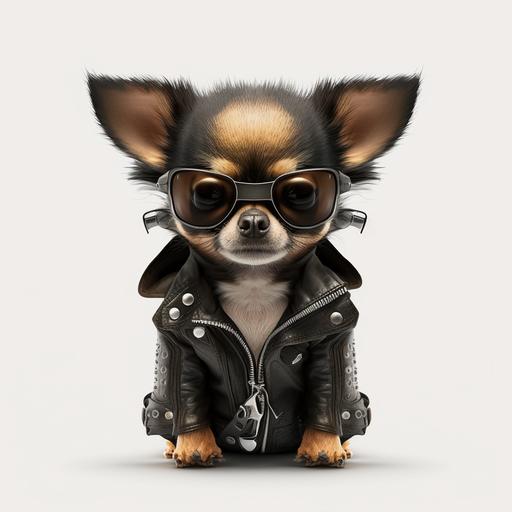 angry Chihuahua, full body, wearing a black leather motorcycle jacket and sunglasses, riding a motorcycle, texture, white background --v 4