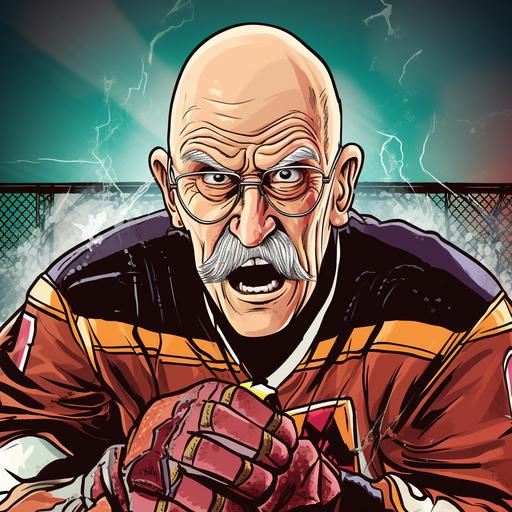 angry bald old white man mustache in hockey goalie gear in front of hockey net cartoon