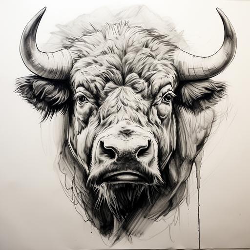 angry bison head, 15mm lense, line drawing, black and white