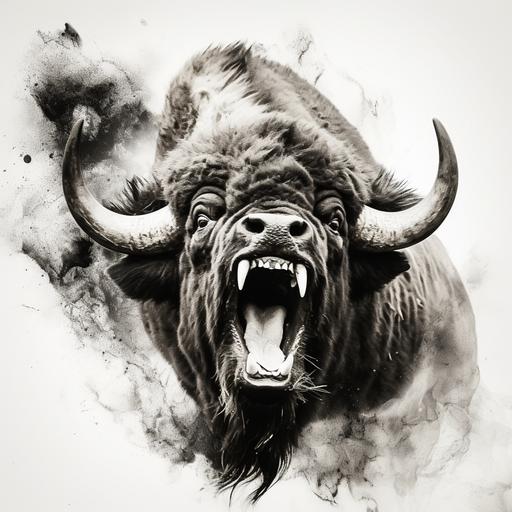 angry bison, line drawing, abstract, vintage photo, black and white