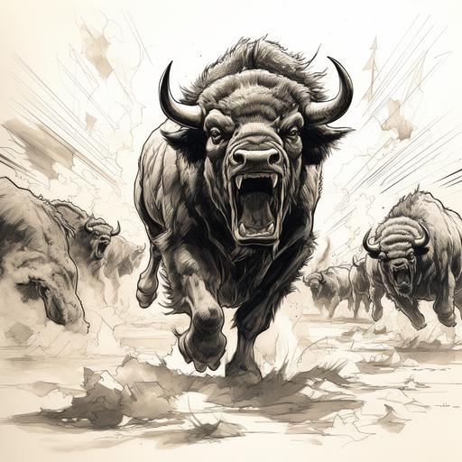 angry bison stampede, line drawing, black and white