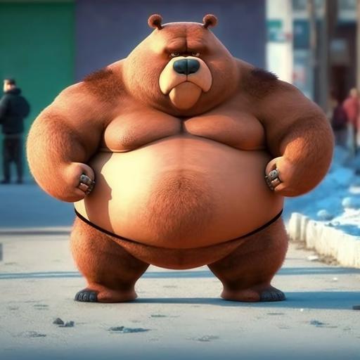 angry cartoon bear with big belly looks funny