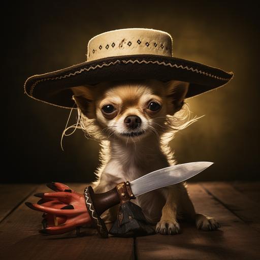 angry chihuahua in sombrero with little knife, realsitic