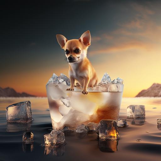 angry chihuahua sitting on a tiny iceberg in the arctic ocean, glass of orange juice, bamboo straw, volumetric lighting, 25mm lens, high contrast, sunset, Octane Render, HD ar16:9