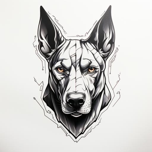 angry doberman dog, tattoo design, line drawing sketch, outline, black and white, front view, simple