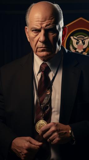 angry evil older senior fbi agent showing badge looking at camera cinematic ultra realistic --ar 9:16