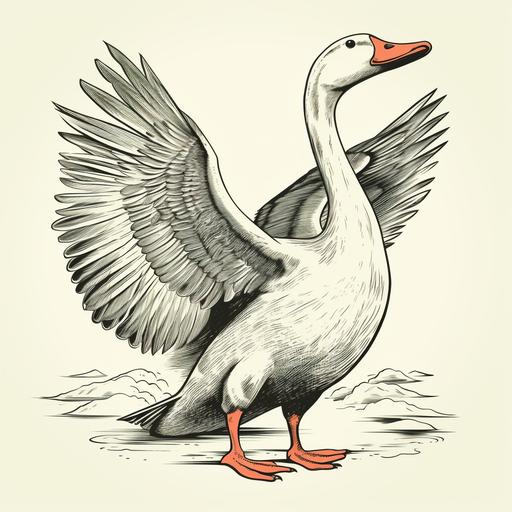 angry goose, waving wings, open mouth, illustration vintage style