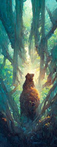 angry grizzly bear standing up, in a dense wooded forest in Canada, sun shining through the trees, photorealism, clean lines, artwork by craig mullins, --ar 9:32 --s 33433 --version 3