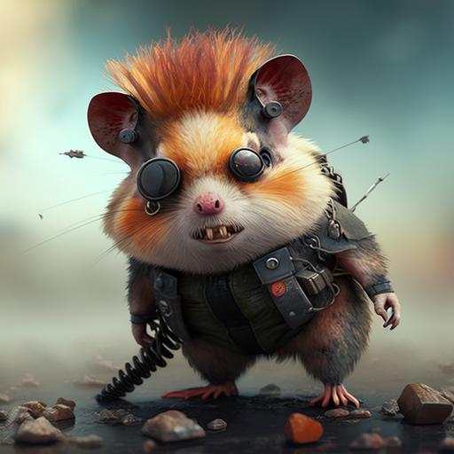 angry hamster-zombie punk, post apocalyptic, red spots drops, 3d Pixar style, uhd 4k --ar 3:3