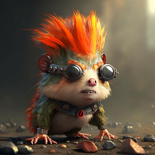 angry hamster-zombie punk, post apocalyptic, red spots drops, 3d Pixar style, uhd 4k --ar 3:3