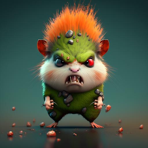 angry hamster-zombie punk, red spots drops, 3d Pixar style, uhd 8k --ar 3:3