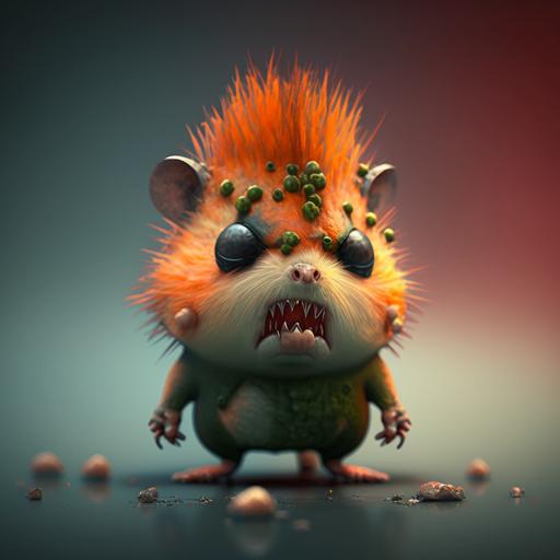 angry hamster-zombie punk, red spots drops, 3d Pixar style, uhd 8k --ar 3:3