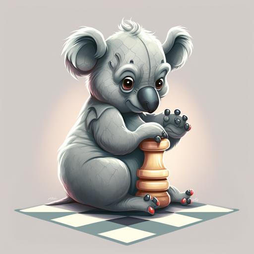 angry koala playing chess, cartoon style,