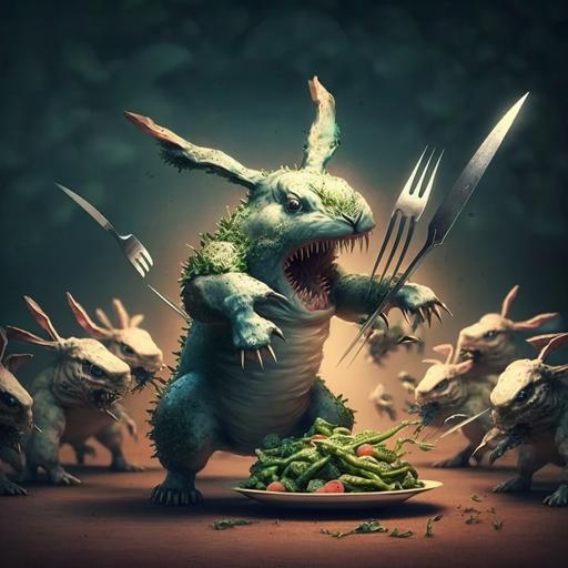 angry large Bunny comandos attacking a salad zombies with forks