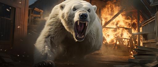 angry polar bear, furiously bursts through wall of old wooden shack, photo realistic, --ar 21:9