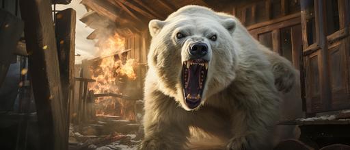 angry polar bear, furiously bursts through wall of old wooden shack, photo realistic, --ar 21:9