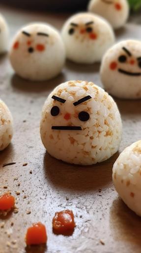 angry rice balls with really funny faces --ar 9:16 --seed 121297 --s 250