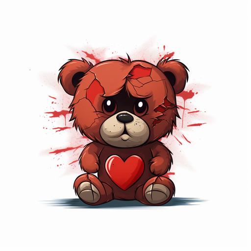 , angry teddy bear, cartoon like drawing, with a broken heart