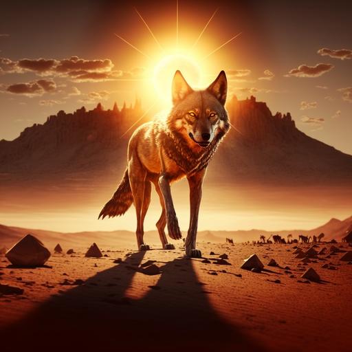 angry wolf with sun blazing in his eyes walking in the desert with huge sun in the horizon. Runes