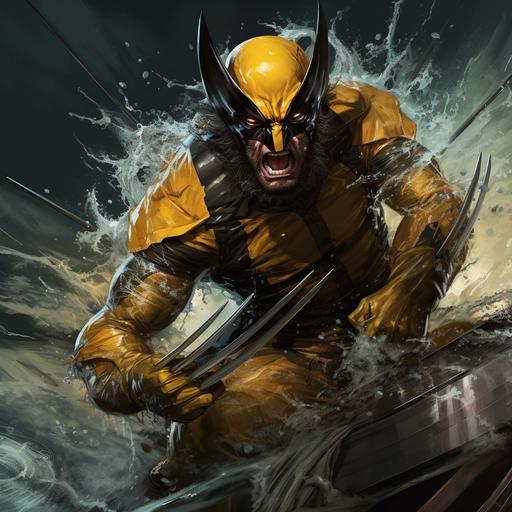 angry x-men wolverine with his x-men mask,yellow and black suit fishing with a big boat