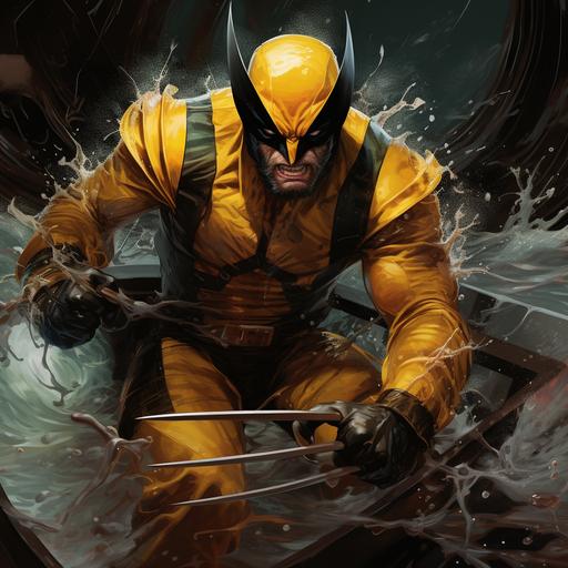 angry x-men wolverine with his x-men mask,yellow and black suit fishing with a big boat