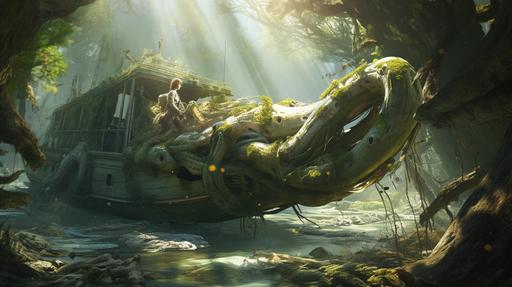 angry,shipwreck,moss,frightened person, under water, white boa constrictor,concept art,wide view,zbrush,high detail,sun light,--niji 5 --ar 16:9 --q 2 --s 750