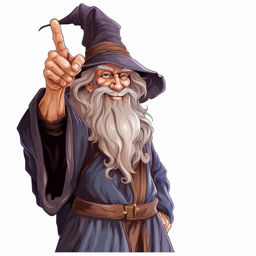 aniamted portrait of cartoon wizard with 1 finger raised straight up as if he was teaching something, solid transparent background