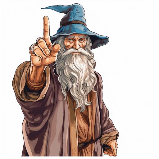 aniamted portrait of cartoon wizard with 1 finger raised straight up as if he was teaching something, solid transparent background